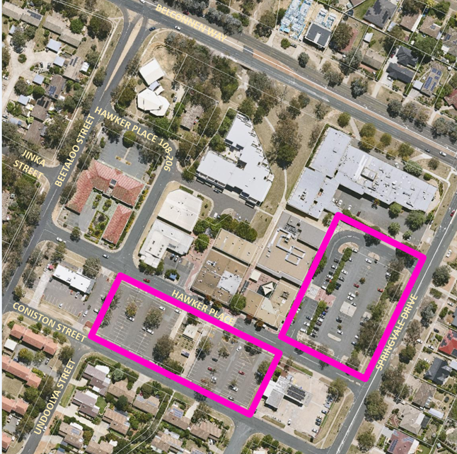 Aerial view of Hawker shops with two parking areas highlighted in pink along Hawker Place and Springvale Drive.