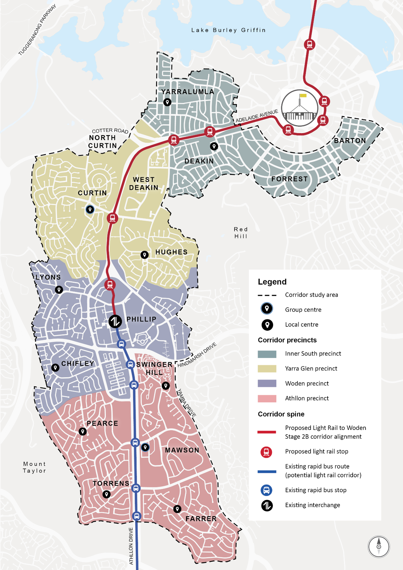 A map of the study area and precincts within the Southern Gateway corridor. There are four precincts which are distinctly coloured: Inner South precinct (teal), Yarra Glen precinct (beige), Woden precinct (lavender) and Athllon precinct (peach). The corridor spine is illustrated which includes the proposed Light Rail to Woden Stage 2B corridor alignment, existing rapid bus route and interchange at Woden town centre.